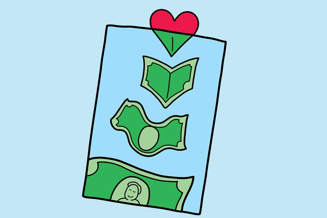 Penge, der lægges i en pose med et hjerte, der bliver til en dollarseddel