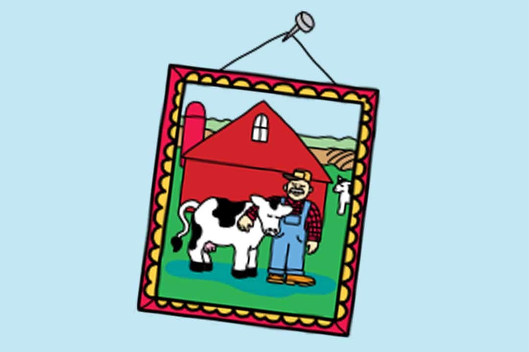 Et billede af en landmand, der krammer sin ko